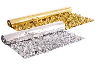 Gold and silver metallic fringe rolls for float decorating