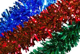 Metallic blue, red and green foil garlands for festive holiday decorating