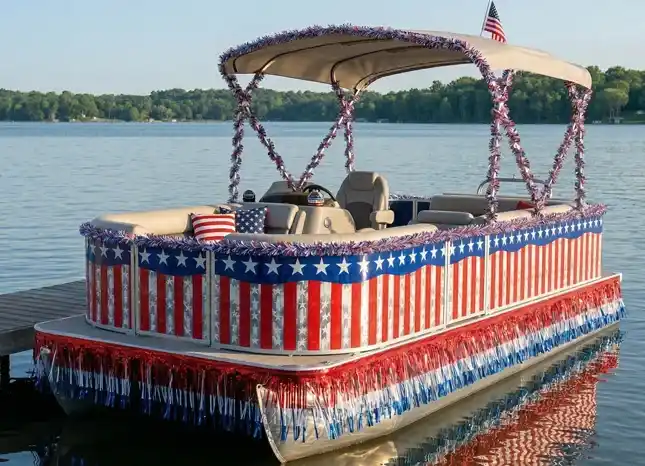 Pontoon boat decorated in red, white, and blue with star stripes, patriotic fringe, and an American flag on calm lake water.