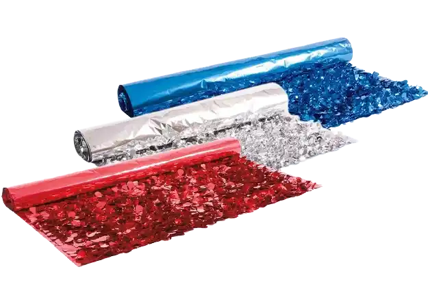 Rolls of metallic parade fringe in red, silver, and blue, displayed unrolled to show reflective texture and color.