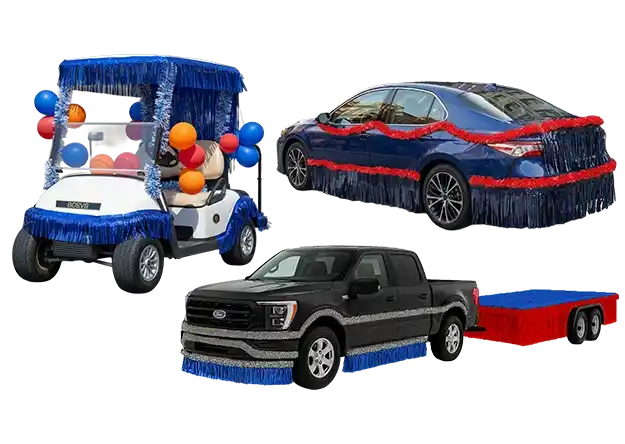 Decorated vehicles including a golf cart, car, and pickup truck styled with red white and blue fringe and balloons