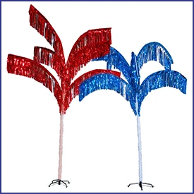 Red and blue metallic tinsel fountain decorations on slender stands, styled like festive fireworks.
