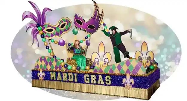 Mardi Gras parade float with oversized masks, colorful beads, and two costumed performers.